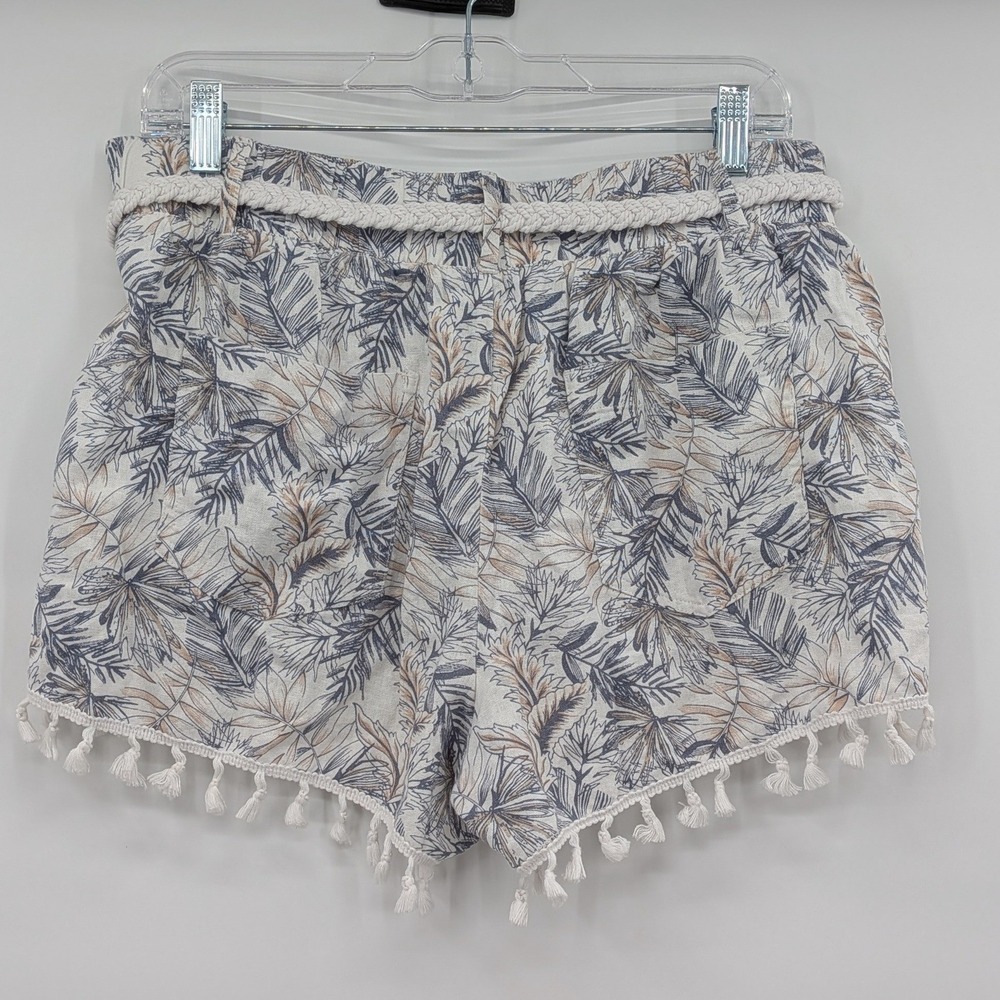 Boho Festival Rewash Tassel Hem Paperbag Belt Blue Ivory Linen Blend L Shorts - Picture 3 of 9